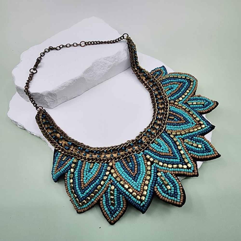 Blue Seed Bead Bib Necklace Turquoise & Gold Tone Southwestern Boho Statement